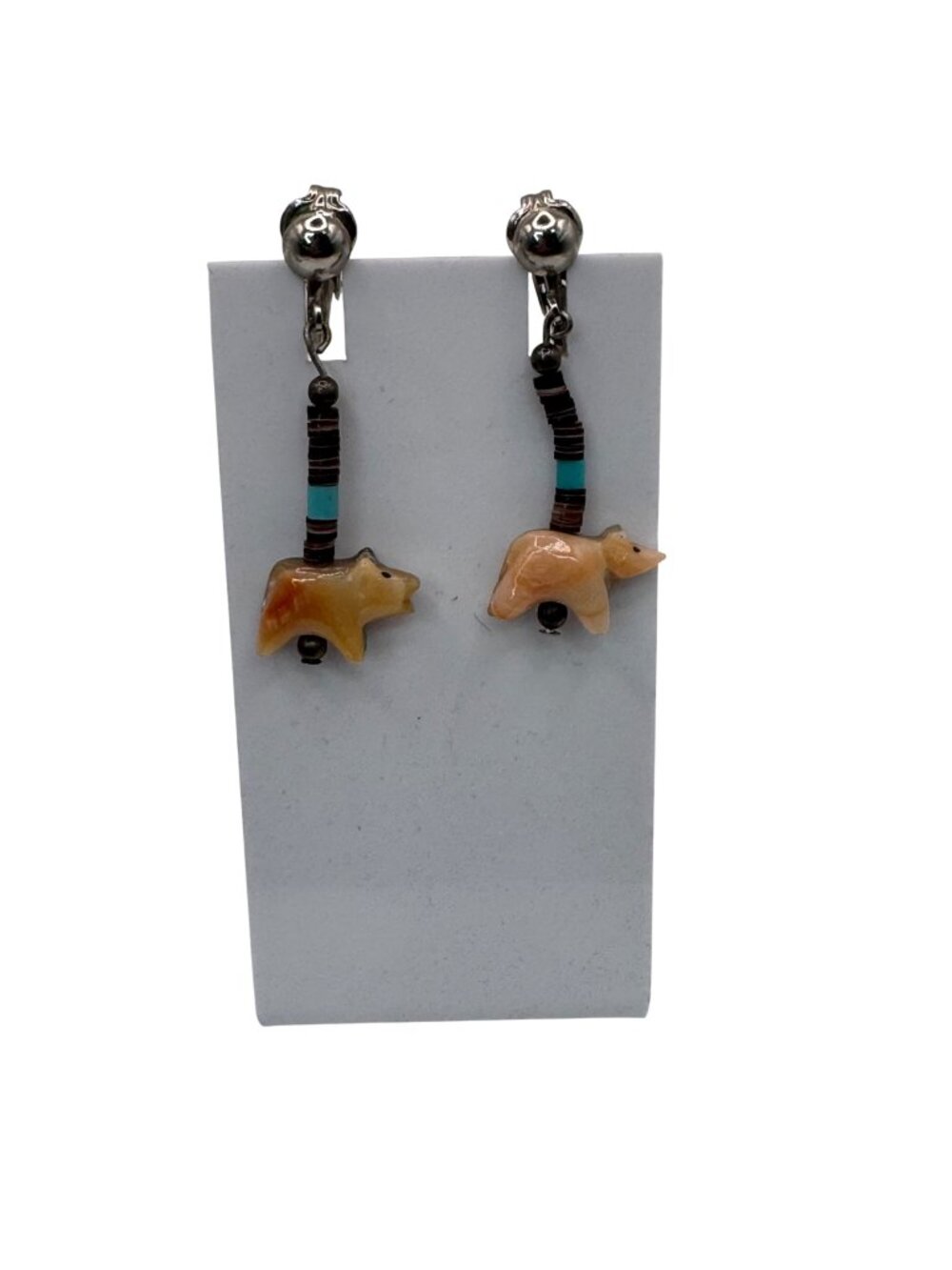 Vintage Heishi Fetish Bear Sterling Silver Clip-On Earrings Turquoise Bead Hopi